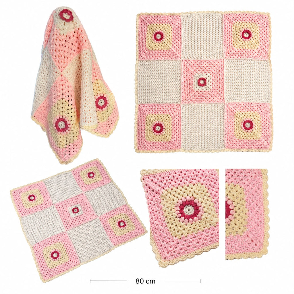 Păturică croșetată handmade – 80 × 80 cm, roz pudrat, crem și alb
